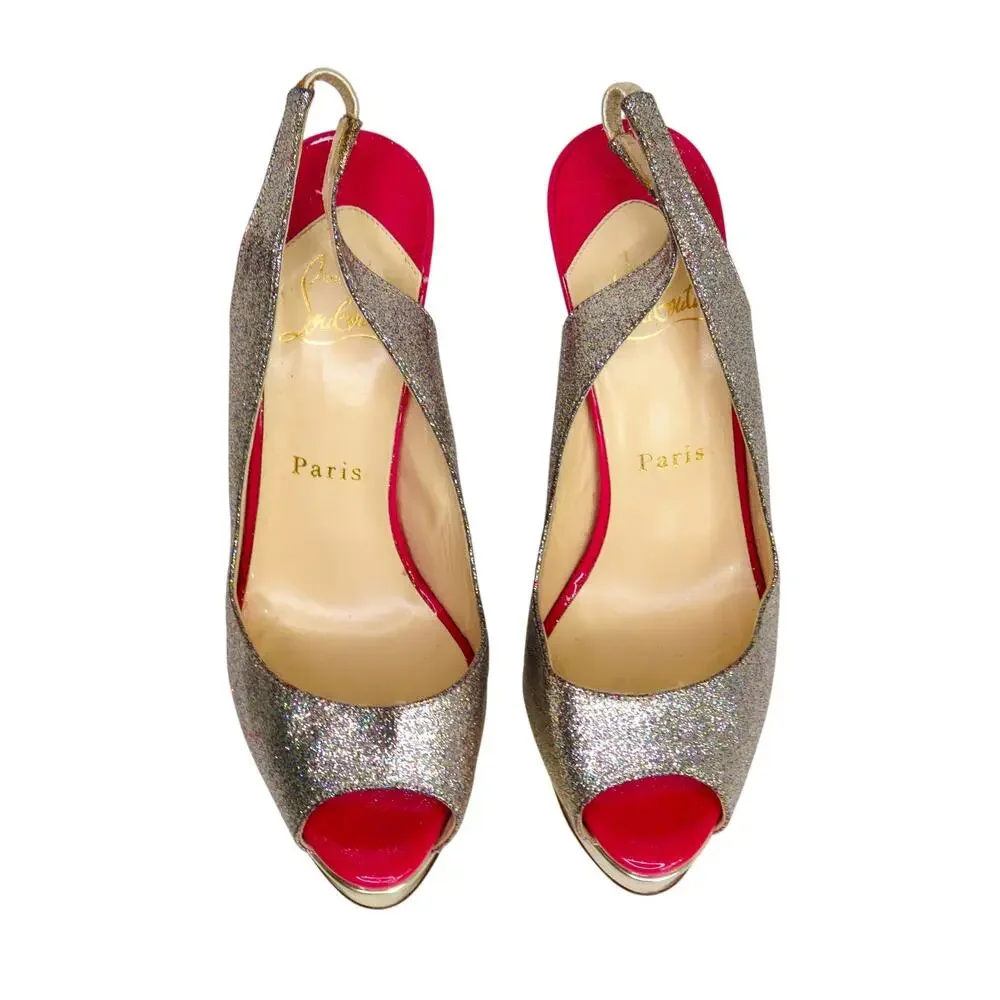 Christian Louboutin Lady Peep Slingback Glitter Pumps Platine Gold Pink Red 36.5